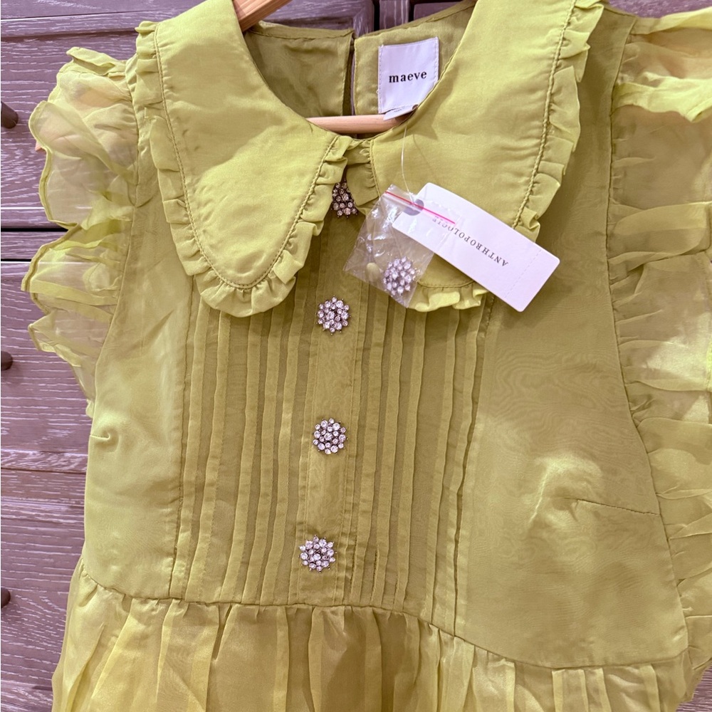 Maeve Chartreuse Ruffle Collar Blouse with Pearl Cluster Buttons